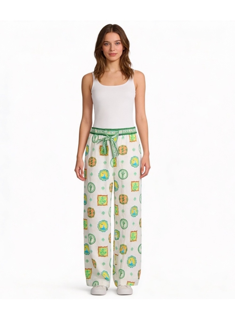 NWOT Maison d’ Amelie’ Wide Leg Printed Lounge Pants in White and Green, Size M